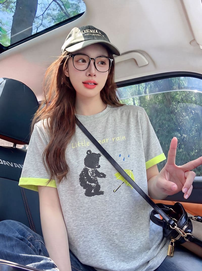 더블 색상 양면 200그램 반팔 티셔츠 여성 의류 여름 새로운 한 부서 배색 테두리 라운드 넥 맨위