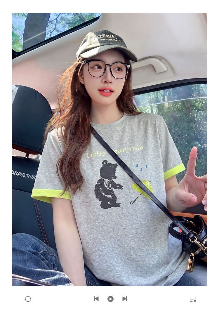 더블 색상 양면 200그램 반팔 티셔츠 여성 의류 여름 새로운 한 부서 배색 테두리 라운드 넥 맨위 상세 이미지 1