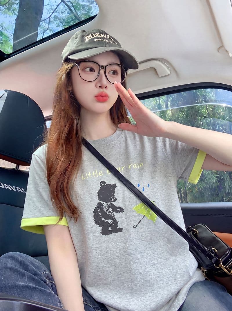 더블 색상 양면 200그램 반팔 티셔츠 여성 의류 여름 새로운 한 부서 배색 테두리 라운드 넥 맨위 상세 이미지 9