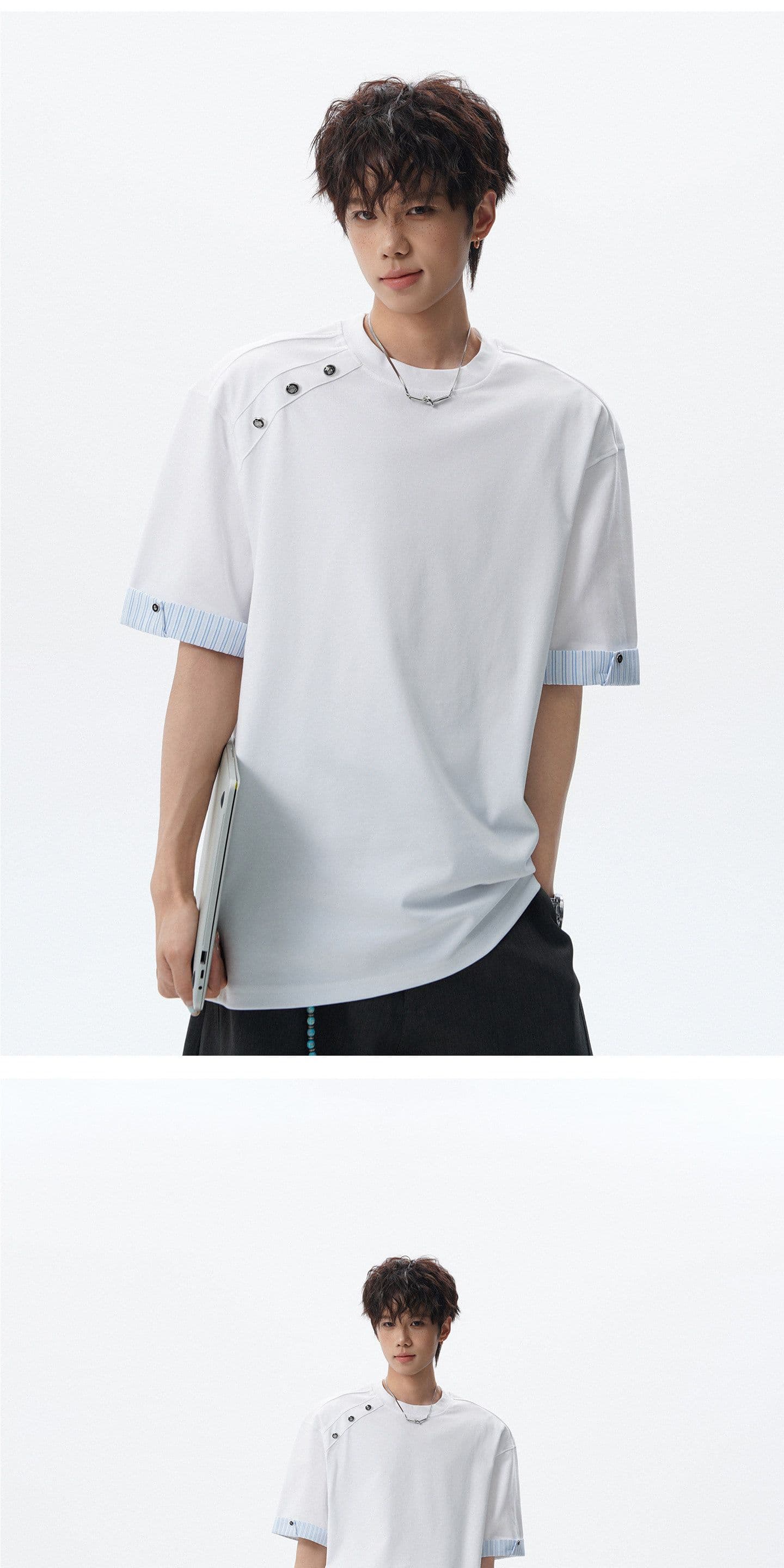 더블 실 순면 반팔 티셔츠 남녀 커플룩 여름 한 부서 스트라이프 단추 루즈핏 라운드 넥 맨위 상세 이미지 9