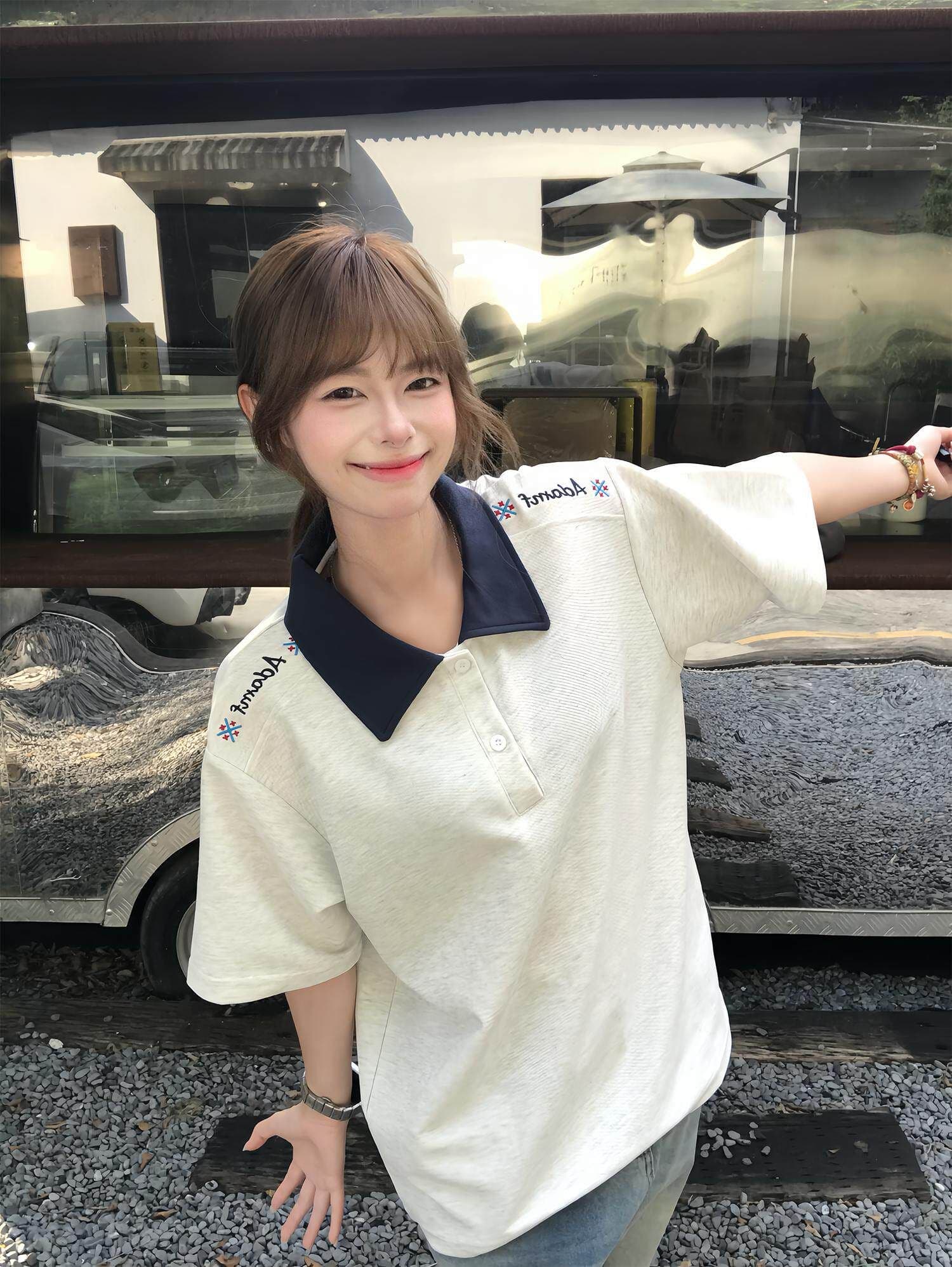 210 그램 눈꽃 구슬 그라운드 반팔 티셔츠 남녀 커플룩 여름 자수 배색 POLO 칼라 맨위 이미지 3
