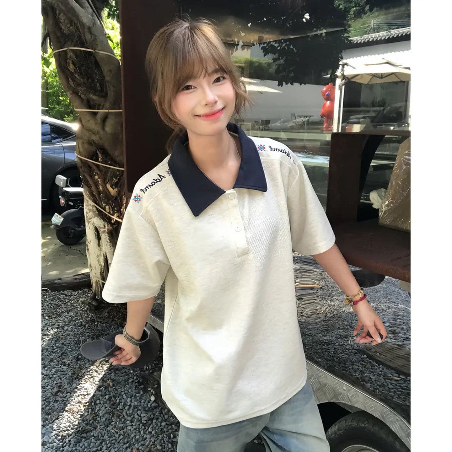 210 그램 눈꽃 구슬 그라운드 반팔 티셔츠 남녀 커플룩 여름 자수 배색 POLO 칼라 맨위 이미지 2
