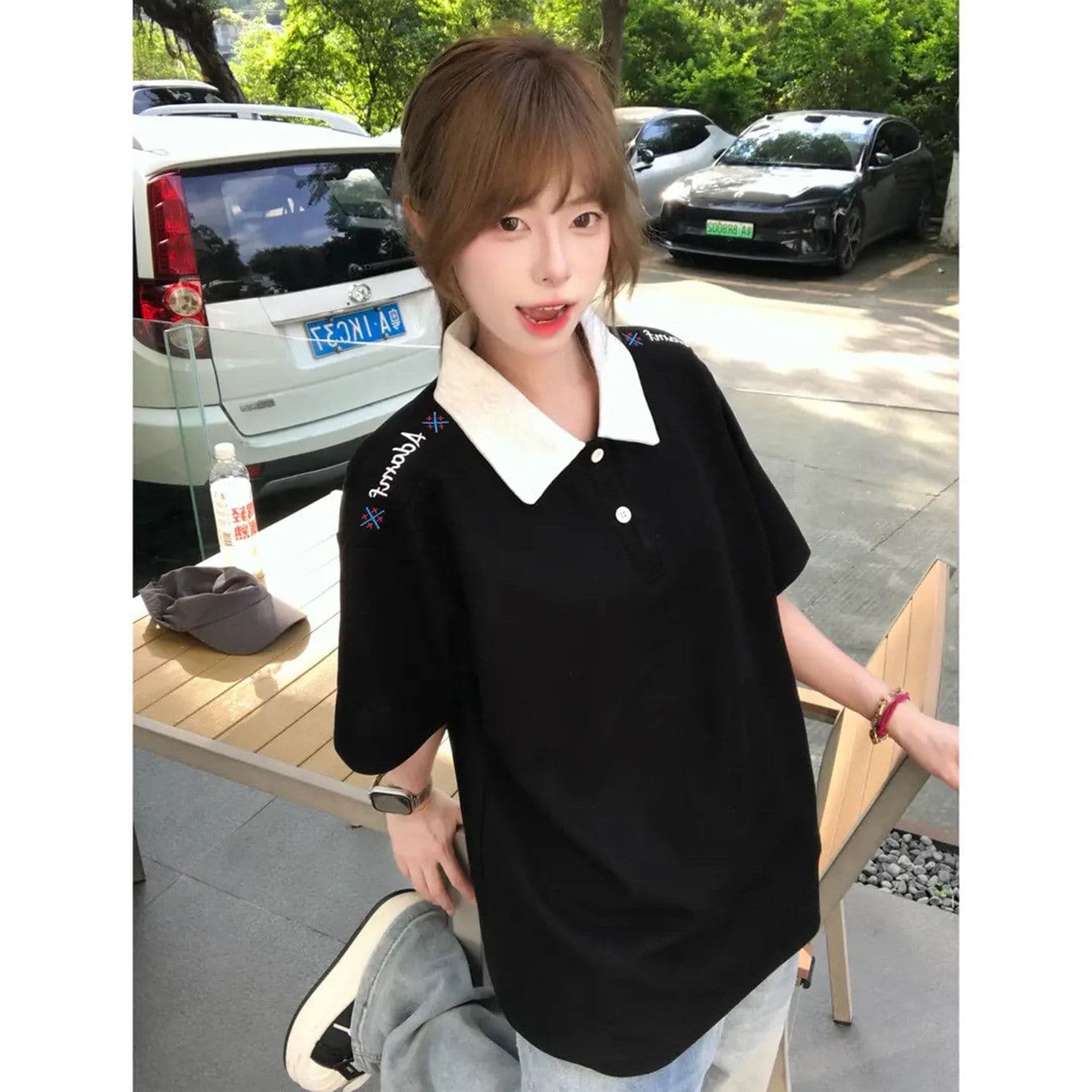 210 그램 눈꽃 구슬 그라운드 반팔 티셔츠 남녀 커플룩 여름 자수 배색 POLO 칼라 맨위 상세 이미지 2