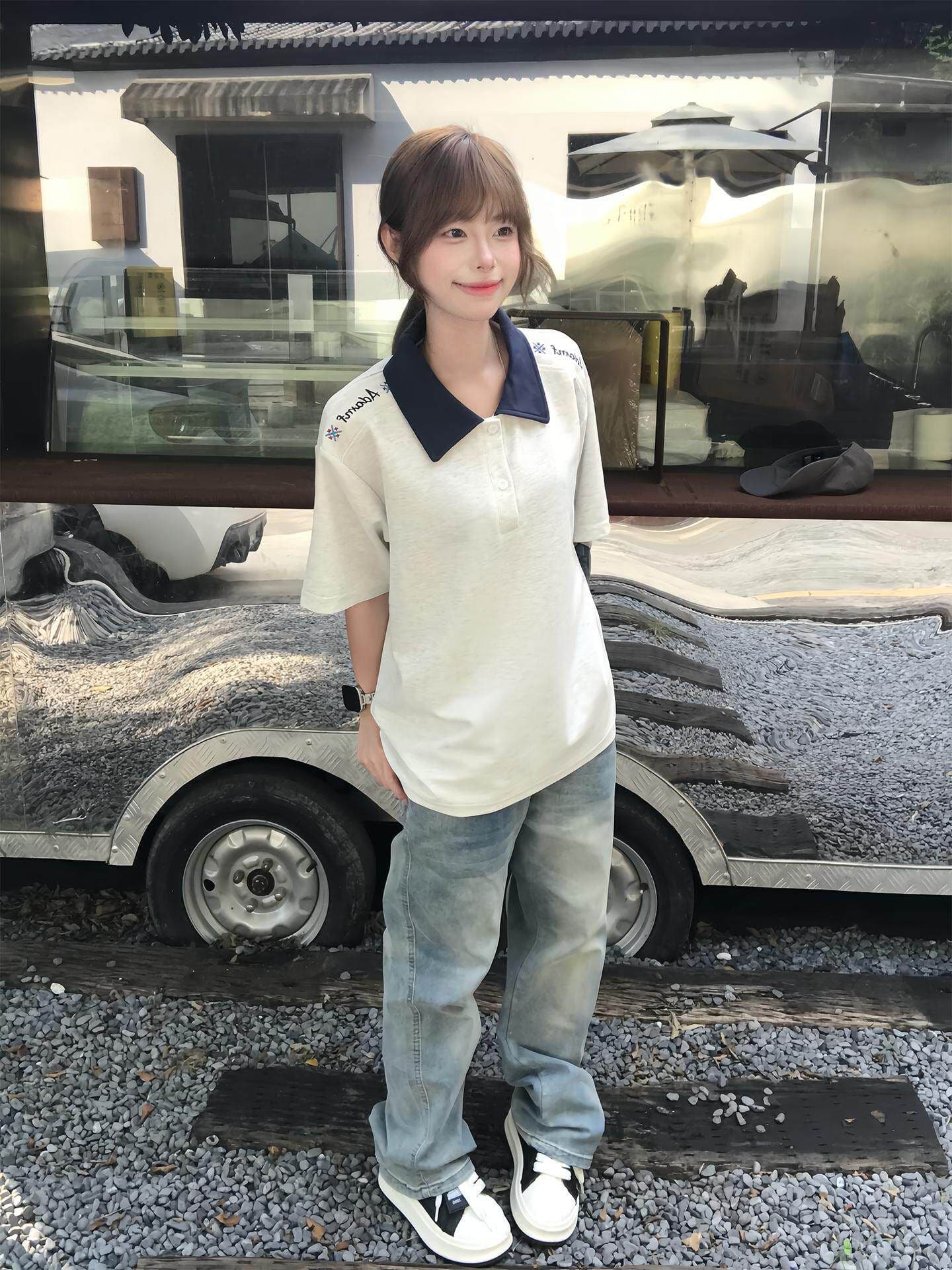 210 그램 눈꽃 구슬 그라운드 반팔 티셔츠 남녀 커플룩 여름 자수 배색 POLO 칼라 맨위 상세 이미지 20