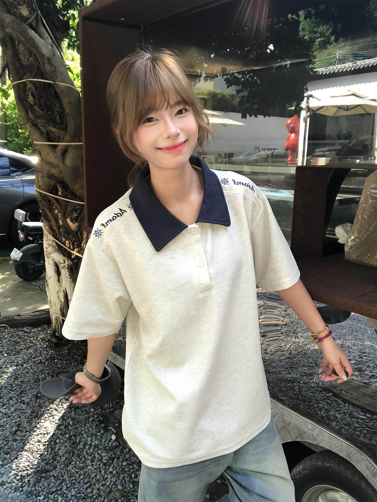 210 그램 눈꽃 구슬 그라운드 반팔 티셔츠 남녀 커플룩 여름 자수 배색 POLO 칼라 맨위 상세 이미지 27