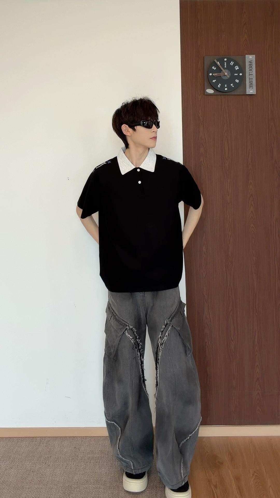 210 그램 눈꽃 구슬 그라운드 반팔 티셔츠 남녀 커플룩 여름 자수 배색 POLO 칼라 맨위 상세 이미지 32