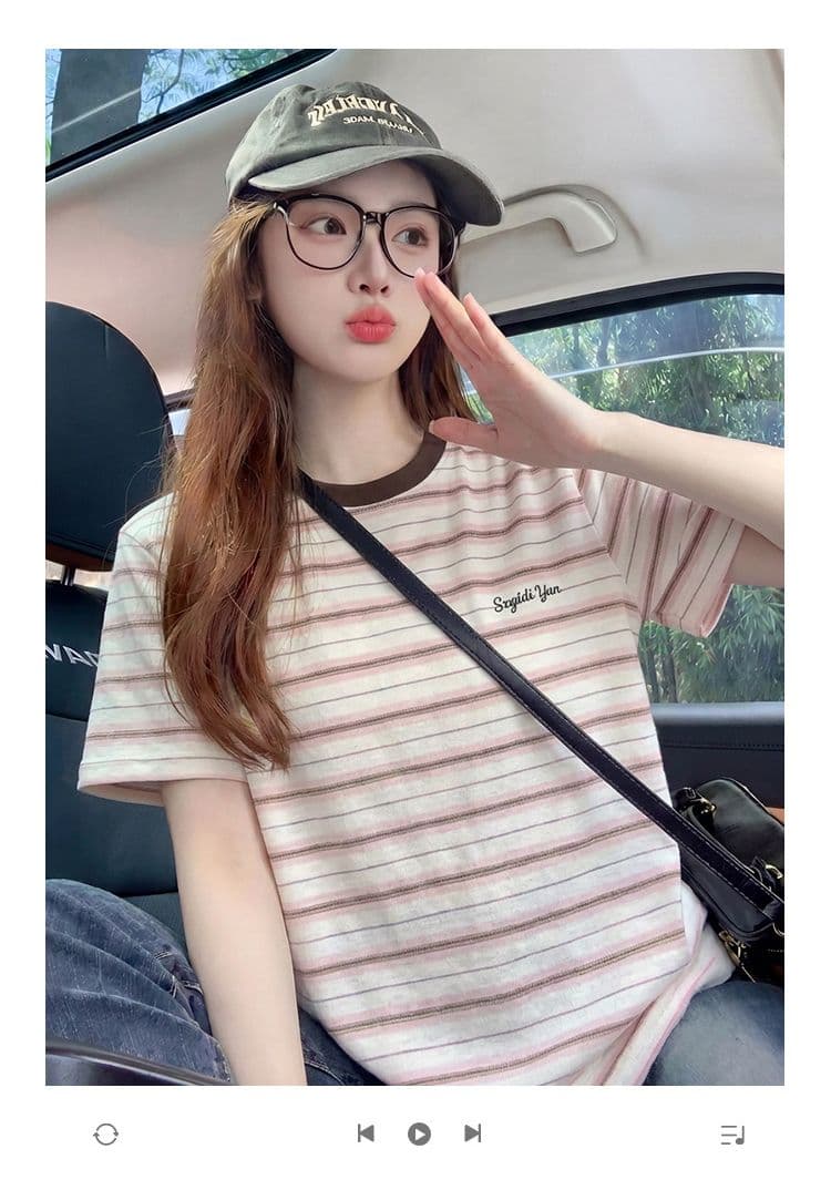 210 그램 스트라이프 반팔 티셔츠 여성 의류 여름 새로운 트렌디 작은 샤넬 스타일 알파벳 자수 라운드 넥 맨위 상세 이미지 1