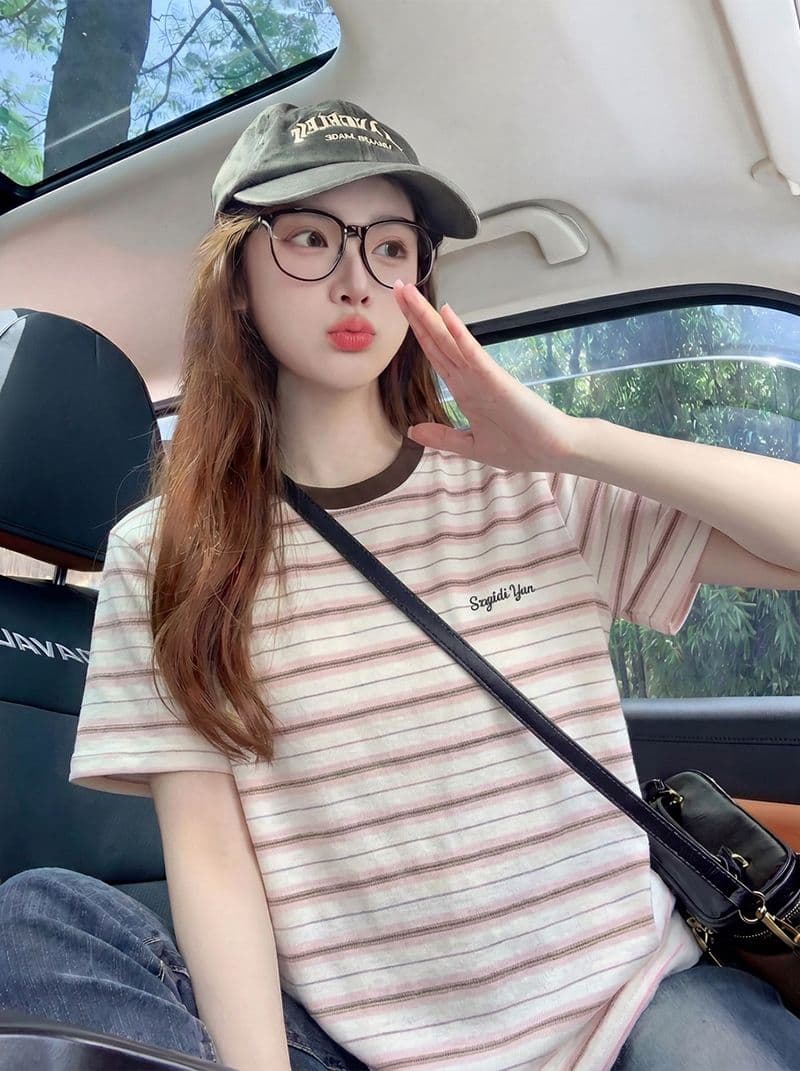 210 그램 스트라이프 반팔 티셔츠 여성 의류 여름 새로운 트렌디 작은 샤넬 스타일 알파벳 자수 라운드 넥 맨위 상세 이미지 4