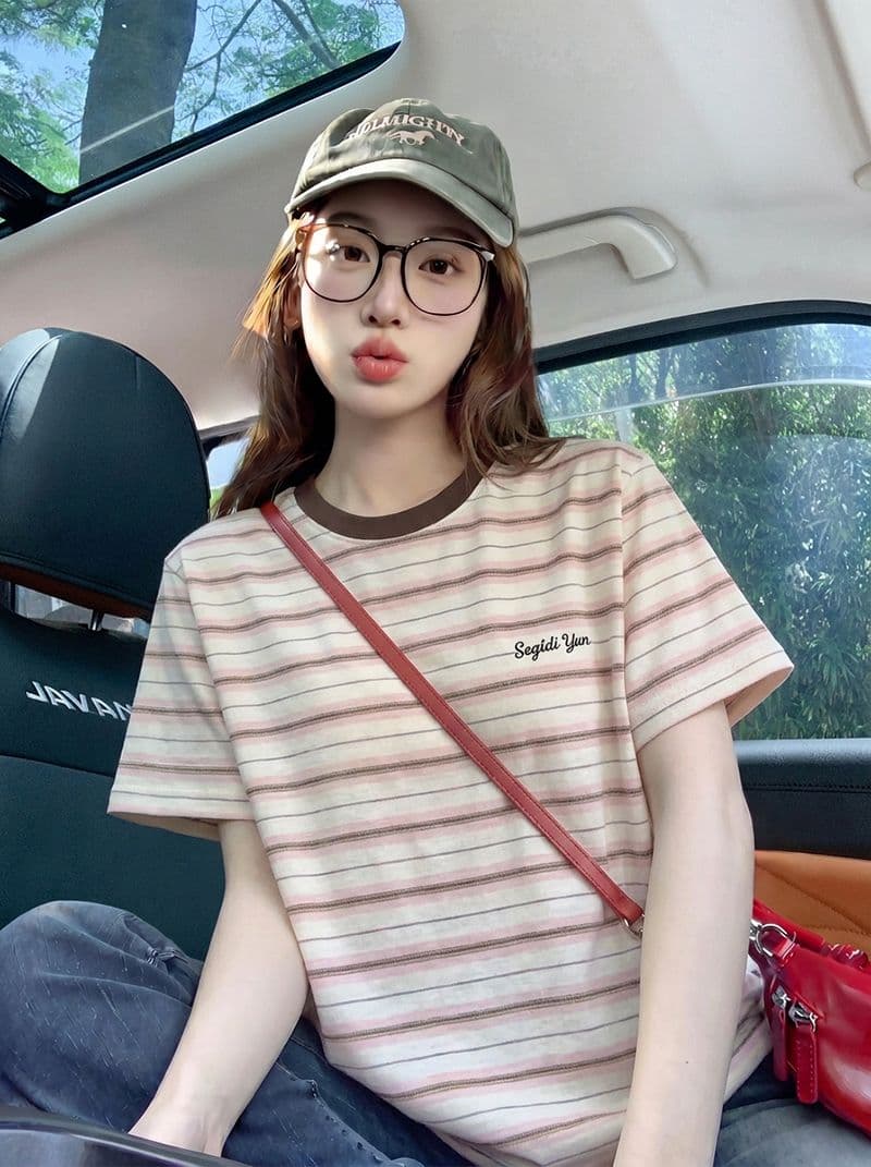 210 그램 스트라이프 반팔 티셔츠 여성 의류 여름 새로운 트렌디 작은 샤넬 스타일 알파벳 자수 라운드 넥 맨위 상세 이미지 9