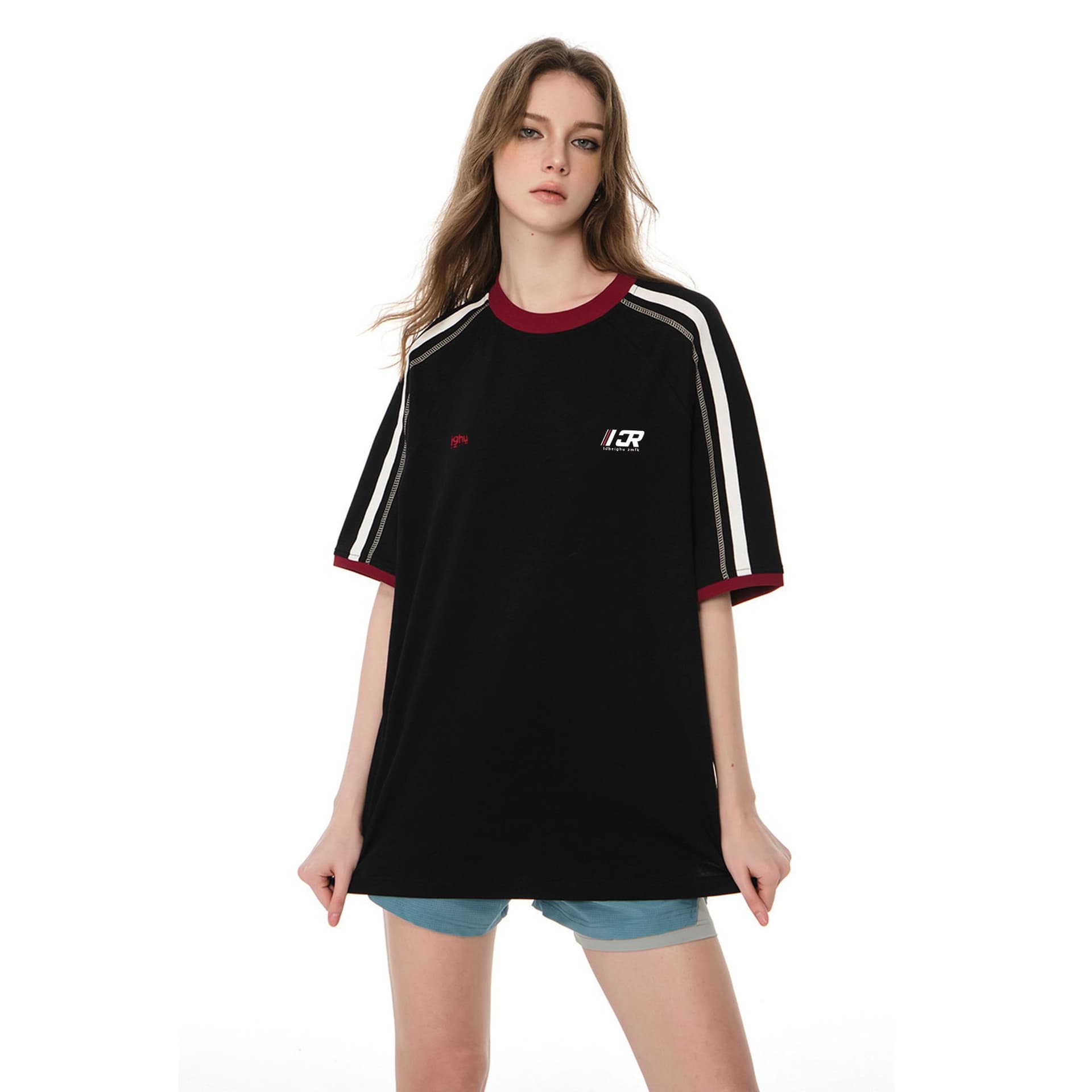 더블 실 순면 반팔 티셔츠 남녀 커플룩 여름 트렌디 아메리칸 스트라이프 새로운 라운드 넥 맨위 이미지 2