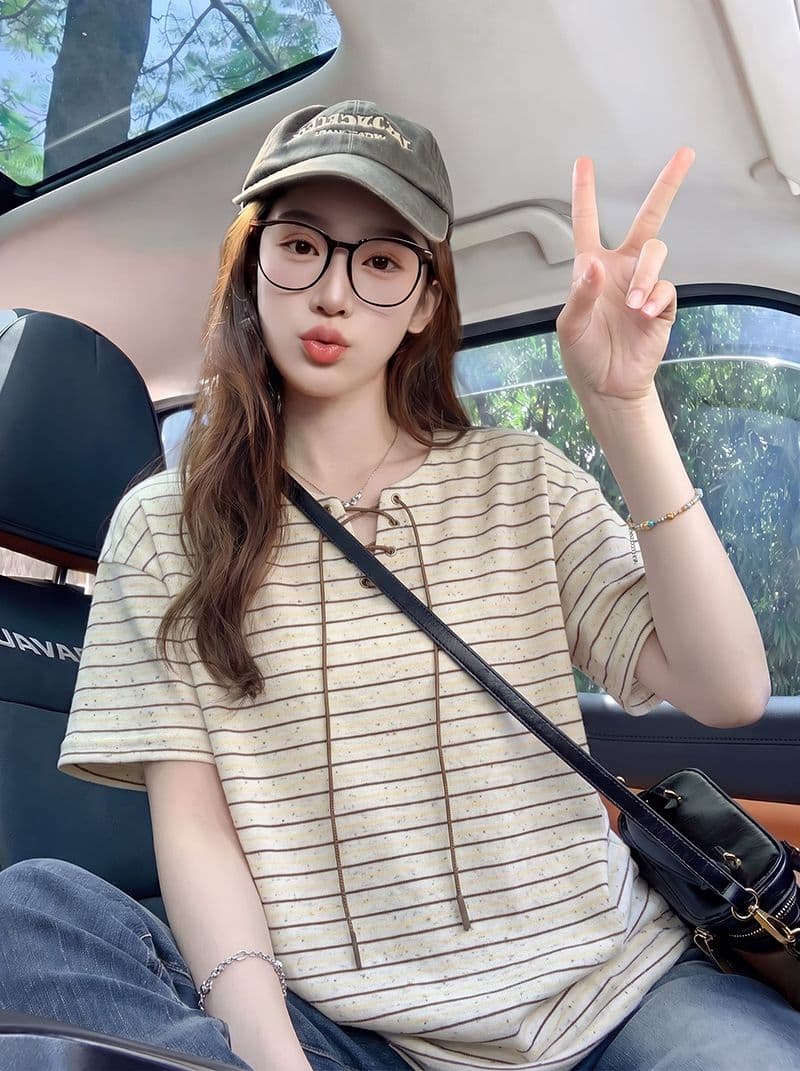 원본 260 그램 반팔 티셔츠 여성 의류 여름 새로운 한 부서 스트랩 아메리칸 스트라이프 V넥 맨위 상세 이미지 9