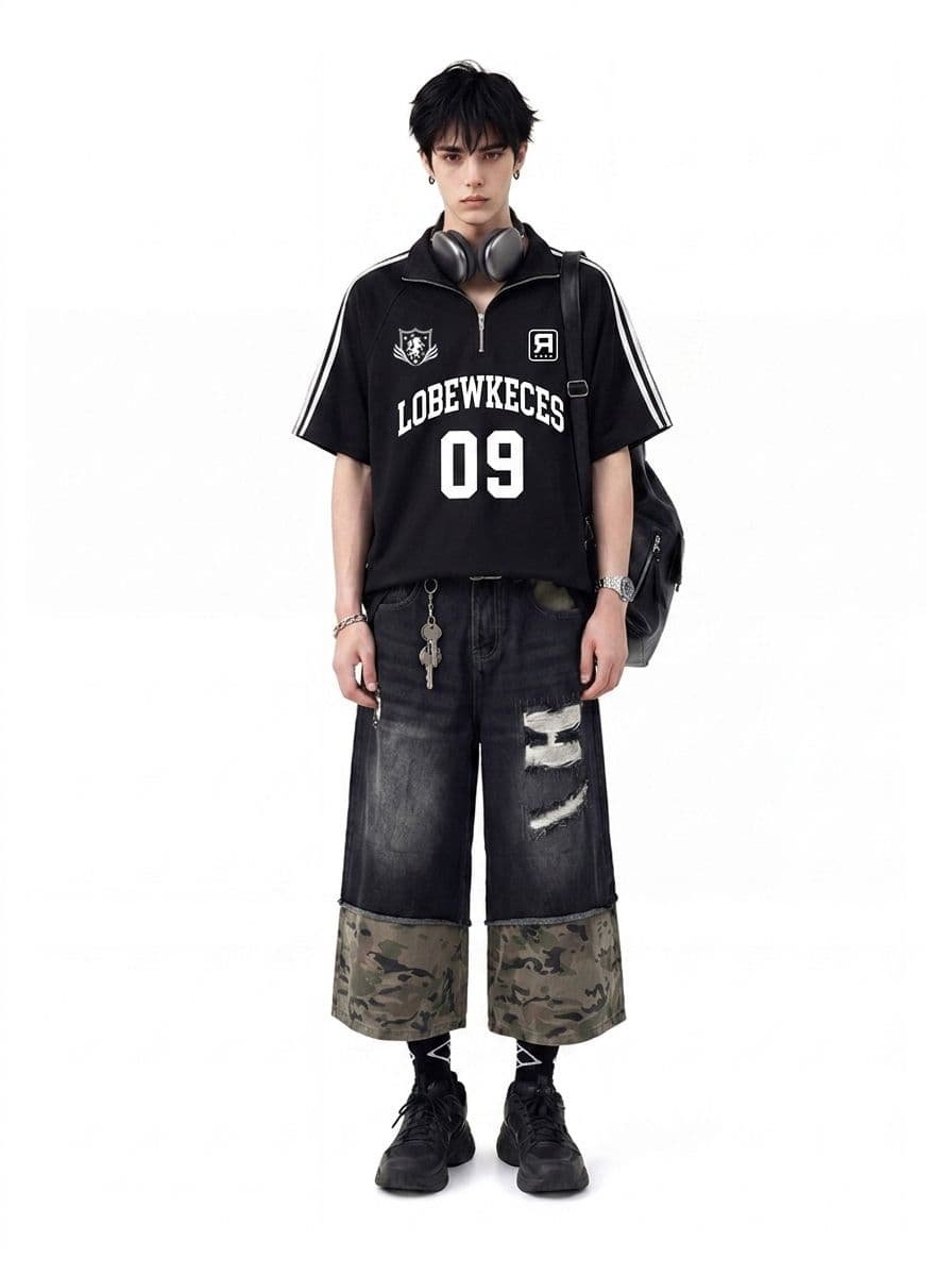 남자 바 면 반팔 티셔츠 남녀 커플룩 여름 새로운 스트라이프 지퍼 루즈핏 스탠드 칼라 맨위 상세 이미지 6