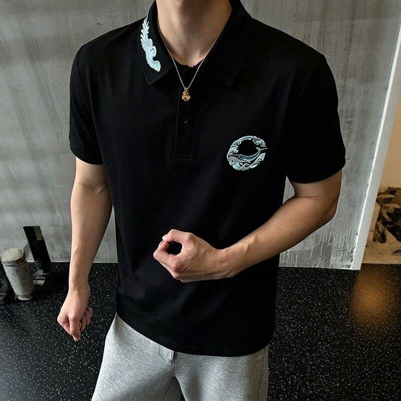 210 그램 눈꽃 구슬 그라운드 반팔 티셔츠 남녀 커플룩 여름 새로운 자수 POLO 칼라 맨위 상세 이미지 3