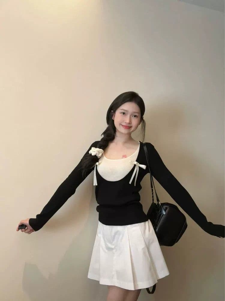 한 부서 착용 가져 가라. 나비 매듭 검정색 페이크 레이어드 긴팔 티셔츠 여성 봄 2026 새로운 디자인 센스 작은 대중 맨위 이미지 4