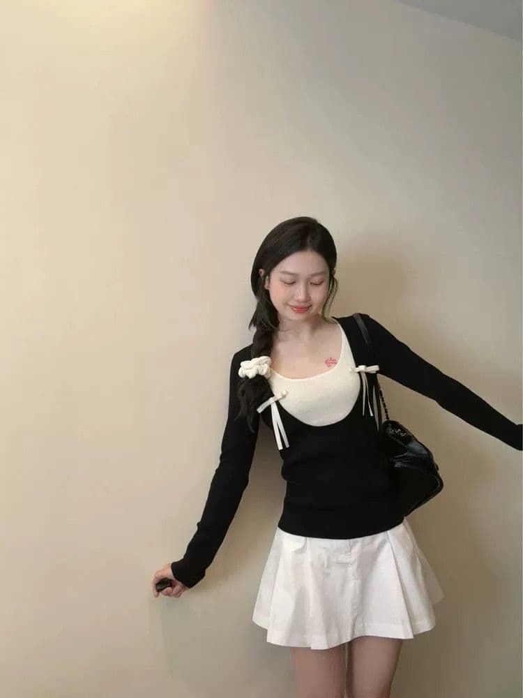 한 부서 착용 가져 가라. 나비 매듭 검정색 페이크 레이어드 긴팔 티셔츠 여성 봄 2026 새로운 디자인 센스 작은 대중 맨위 상세 이미지 4