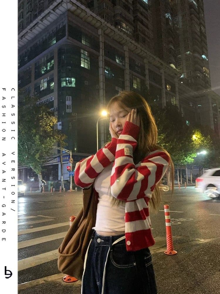 한 부서 달콤함 배색 빨간색 스트라이프 오픈 가디건 스웨터 여성 코트 작은 키 쇼트 스타일 부드러운 찹쌀 찹쌀 니트 스웨터 맨위 이미지 4