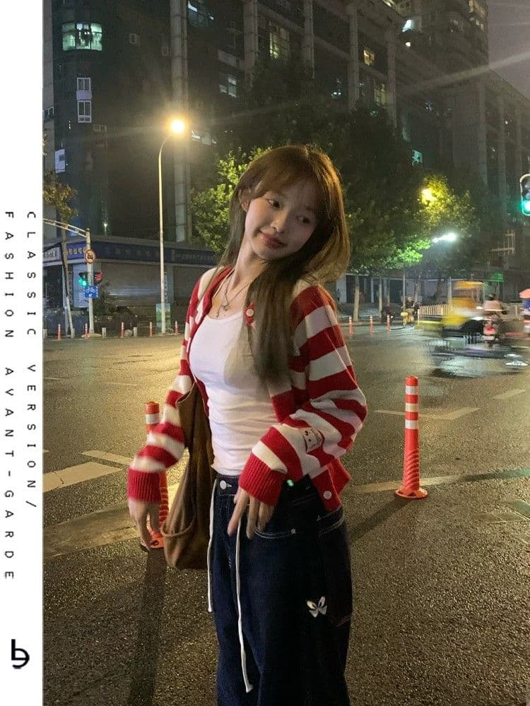 한 부서 달콤함 배색 빨간색 스트라이프 오픈 가디건 스웨터 여성 코트 작은 키 쇼트 스타일 부드러운 찹쌀 찹쌀 니트 스웨터 맨위