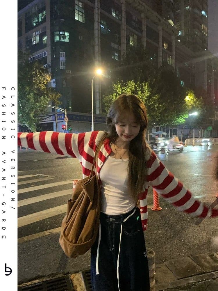 한 부서 달콤함 배색 빨간색 스트라이프 오픈 가디건 스웨터 여성 코트 작은 키 쇼트 스타일 부드러운 찹쌀 찹쌀 니트 스웨터 맨위 상세 이미지 4