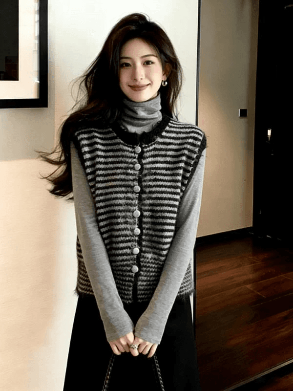 양 낙타 털 스트라이프 스웨터 베스트 오픈 가디건 여성 새로운 가을 루즈핏 슬림해 보이는 스택 착용 니트 맨위