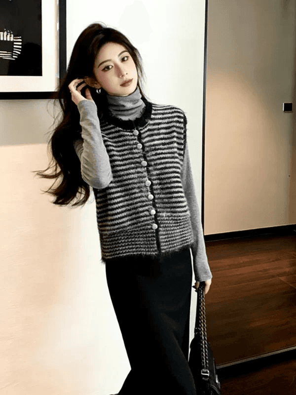 양 낙타 털 스트라이프 스웨터 베스트 오픈 가디건 여성 새로운 가을 루즈핏 슬림해 보이는 스택 착용 니트 맨위 이미지 2