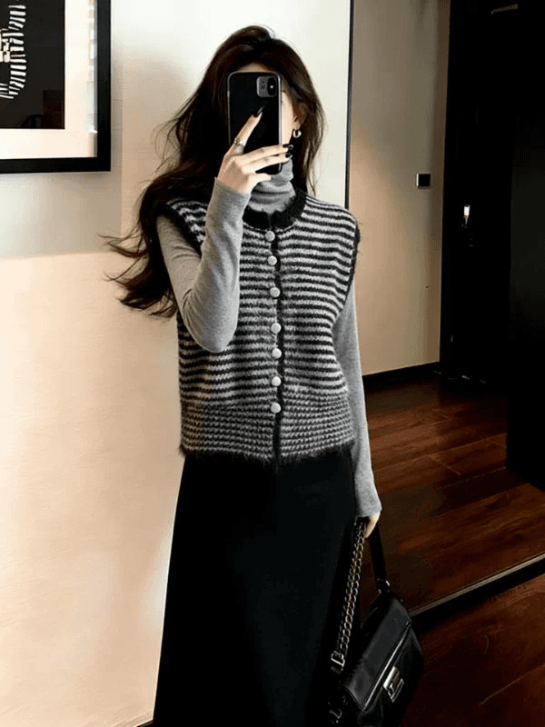 양 낙타 털 스트라이프 스웨터 베스트 오픈 가디건 여성 새로운 가을 루즈핏 슬림해 보이는 스택 착용 니트 맨위 이미지 3