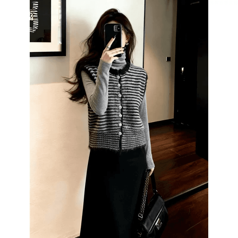 양 낙타 털 스트라이프 스웨터 베스트 오픈 가디건 여성 새로운 가을 루즈핏 슬림해 보이는 스택 착용 니트 맨위 상세 이미지 1