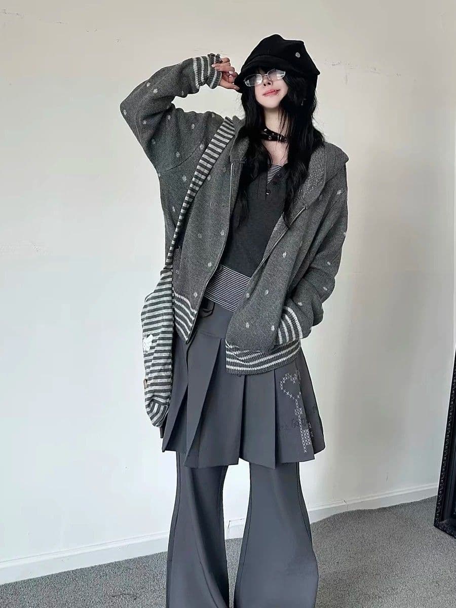 양 플러시 가을 겨울철 새로운 여자 오픈 가디건 스웨터 한 부서 도트 무늬 자카드 니트 스웨터 긴팔 후드 이미지 3