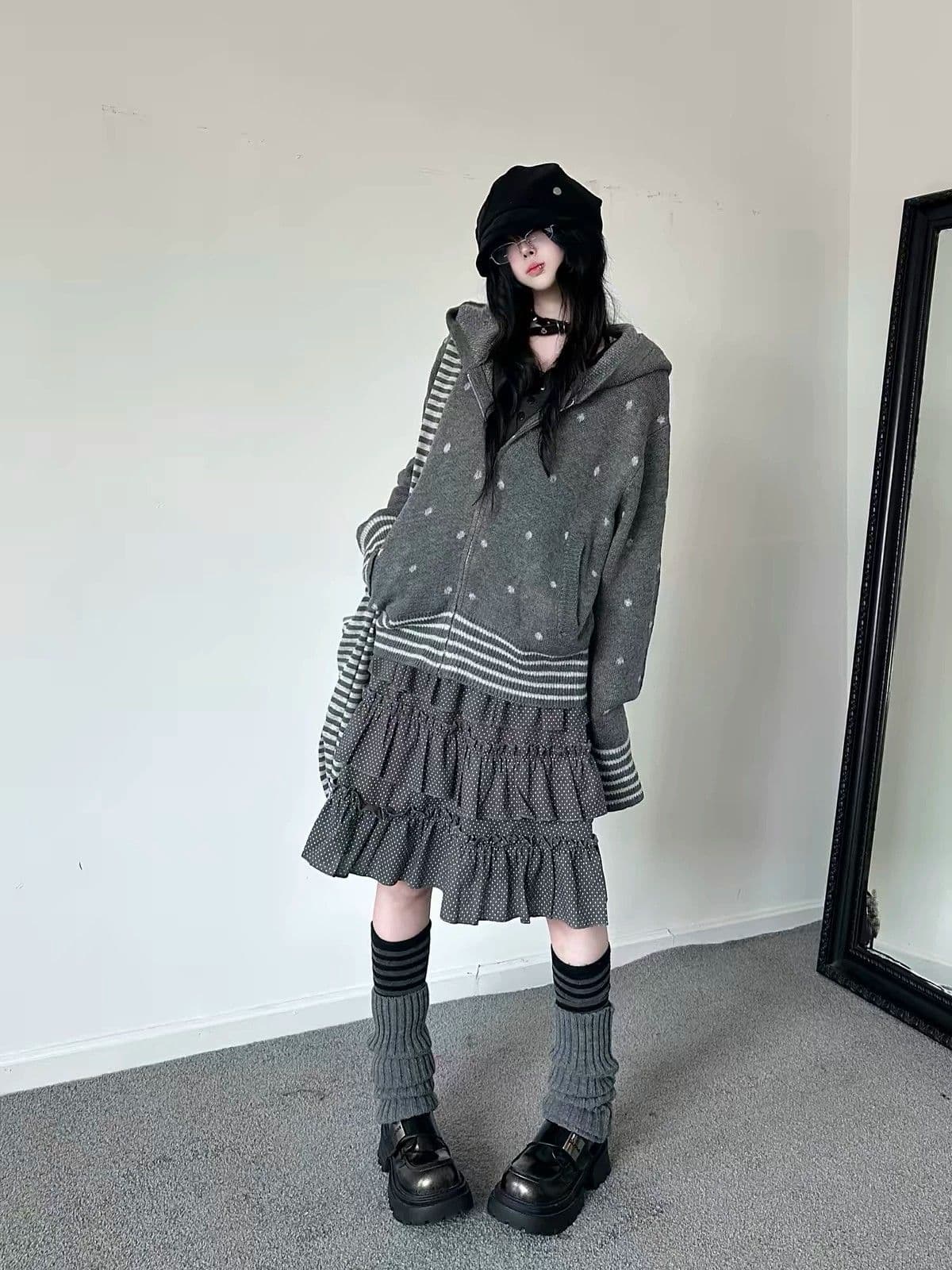 양 플러시 가을 겨울철 새로운 여자 오픈 가디건 스웨터 한 부서 도트 무늬 자카드 니트 스웨터 긴팔 후드 상세 이미지 2