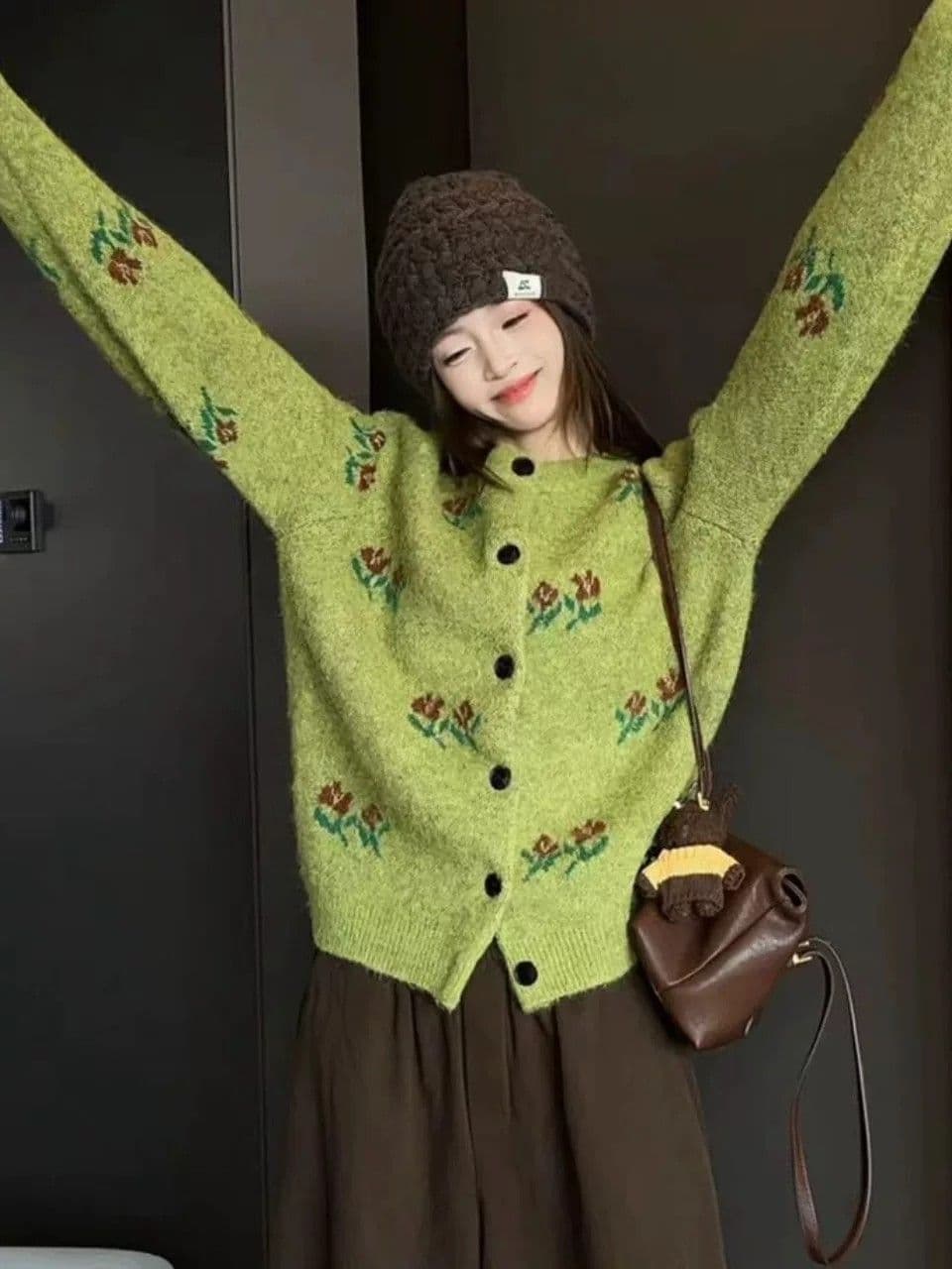 양 타조 울 가을 스웨터 코트 여성 셔츠 여성 한국 스타일 루즈핏 슬림해 보이는 품격 라운드 넥 단추 니트 오픈 가디건 이미지 2