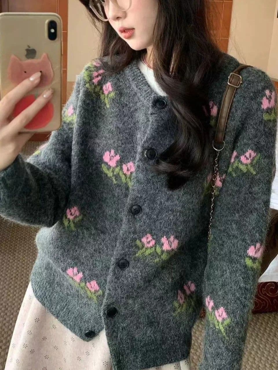 양 타조 울 가을 스웨터 코트 여성 셔츠 여성 한국 스타일 루즈핏 슬림해 보이는 품격 라운드 넥 단추 니트 오픈 가디건