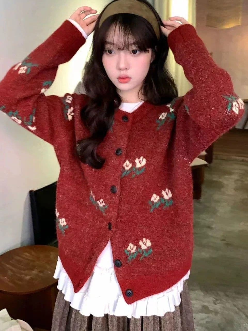 양 타조 울 가을 스웨터 코트 여성 셔츠 여성 한국 스타일 루즈핏 슬림해 보이는 품격 라운드 넥 단추 니트 오픈 가디건 상세 이미지 3