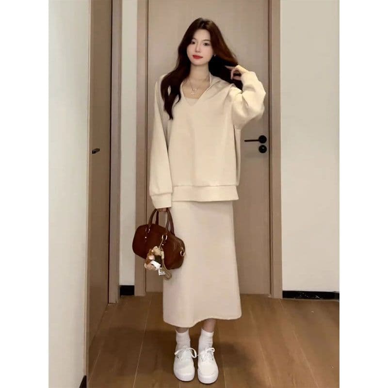 220 그램 사람들 면 빈 가스 층 참나무 늑골 하나 프랑스식 행침 목 드레스 분위기 센스 캐주얼 운동 후드티 롱 스커트 이미지 2