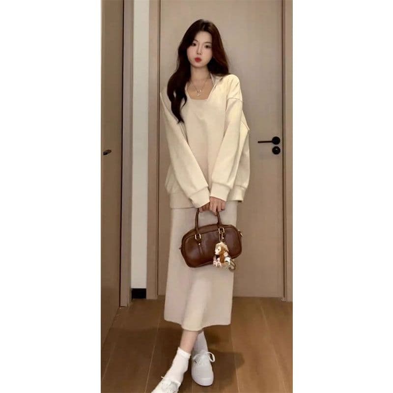 220 그램 사람들 면 빈 가스 층 참나무 늑골 하나 프랑스식 행침 목 드레스 분위기 센스 캐주얼 운동 후드티 롱 스커트