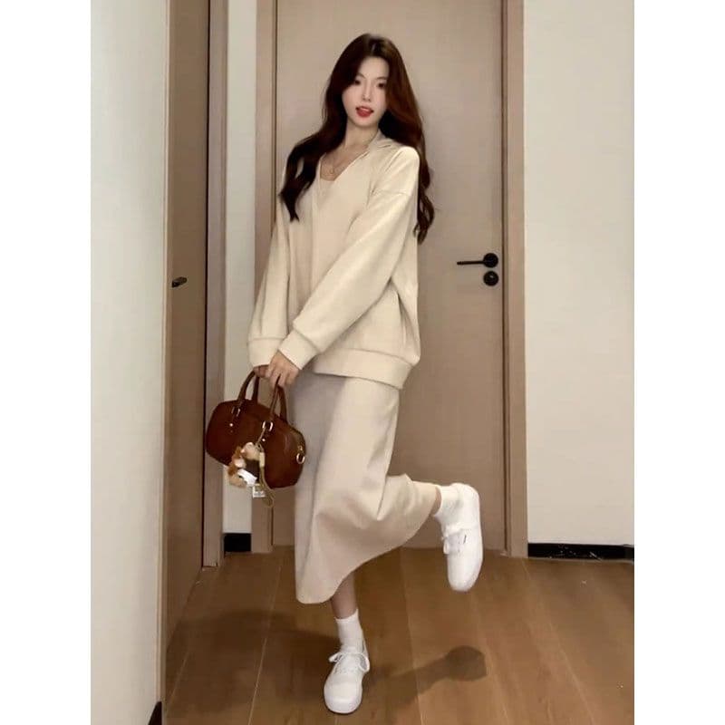 220 그램 사람들 면 빈 가스 층 참나무 늑골 하나 프랑스식 행침 목 드레스 분위기 센스 캐주얼 운동 후드티 롱 스커트 이미지 3