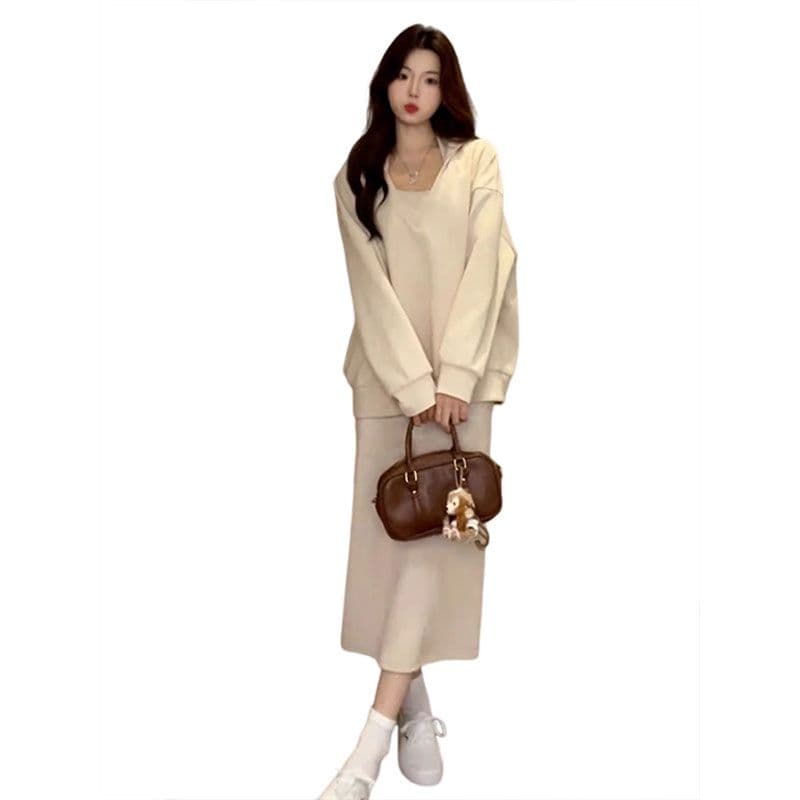 220 그램 사람들 면 빈 가스 층 참나무 늑골 하나 프랑스식 행침 목 드레스 분위기 센스 캐주얼 운동 후드티 롱 스커트 이미지 4