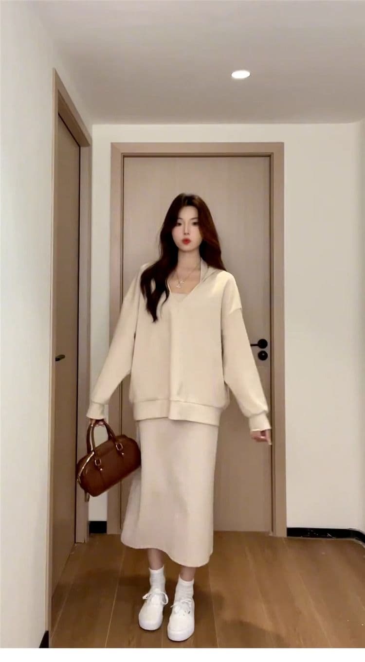 220 그램 사람들 면 빈 가스 층 참나무 늑골 하나 프랑스식 행침 목 드레스 분위기 센스 캐주얼 운동 후드티 롱 스커트 상세 이미지 2