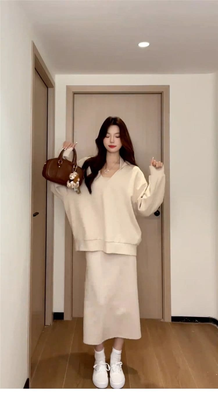 220 그램 사람들 면 빈 가스 층 참나무 늑골 하나 프랑스식 행침 목 드레스 분위기 센스 캐주얼 운동 후드티 롱 스커트 상세 이미지 3
