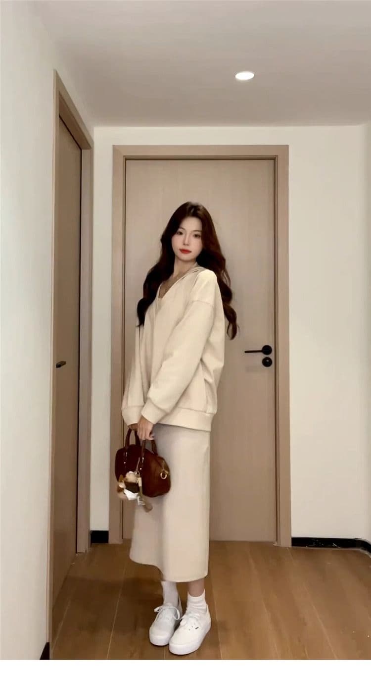 220 그램 사람들 면 빈 가스 층 참나무 늑골 하나 프랑스식 행침 목 드레스 분위기 센스 캐주얼 운동 후드티 롱 스커트 상세 이미지 4