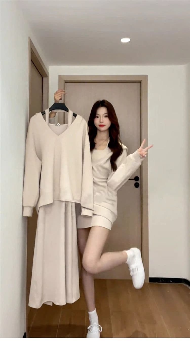 220 그램 사람들 면 빈 가스 층 참나무 늑골 하나 프랑스식 행침 목 드레스 분위기 센스 캐주얼 운동 후드티 롱 스커트 상세 이미지 5