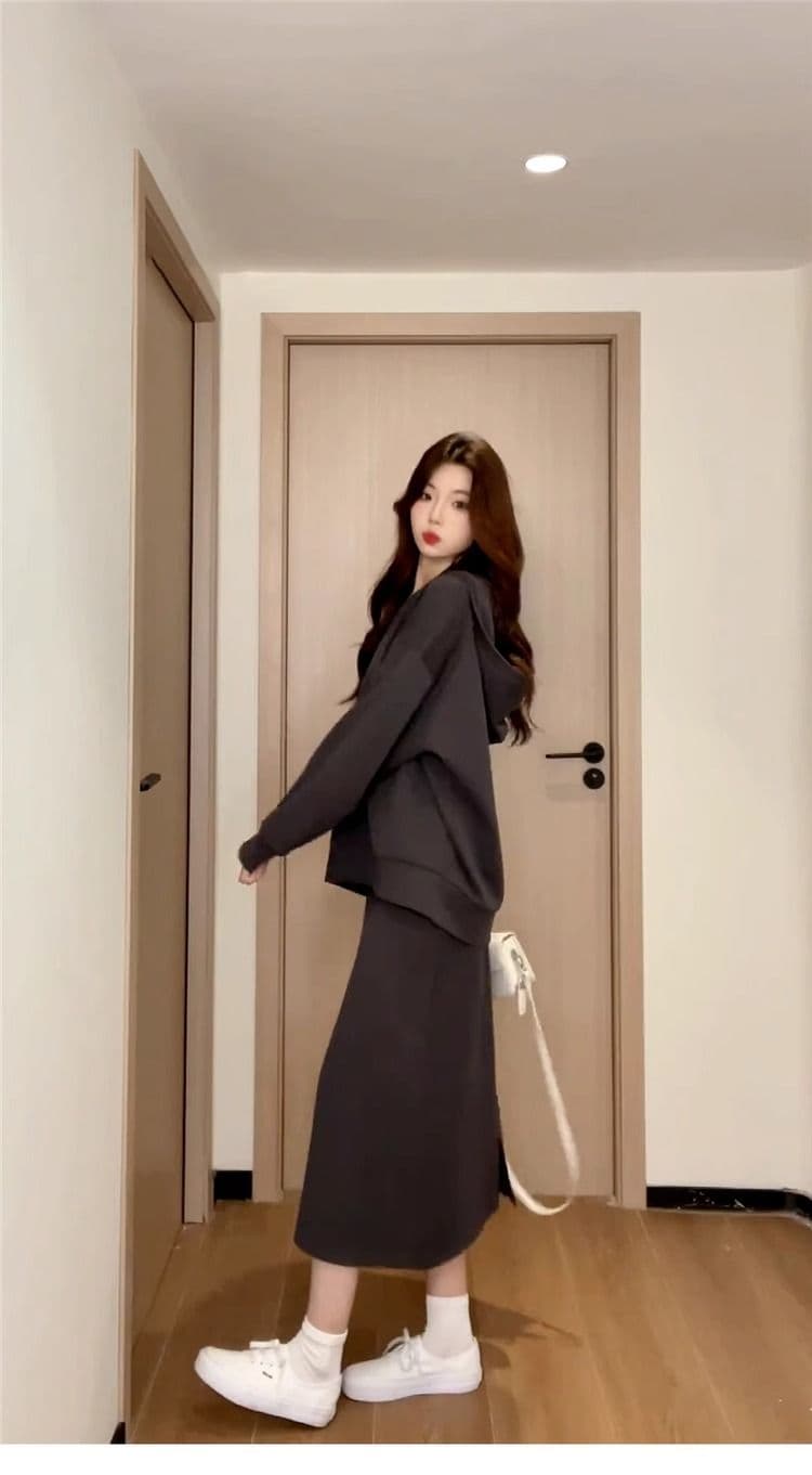 220 그램 사람들 면 빈 가스 층 참나무 늑골 하나 프랑스식 행침 목 드레스 분위기 센스 캐주얼 운동 후드티 롱 스커트 상세 이미지 6