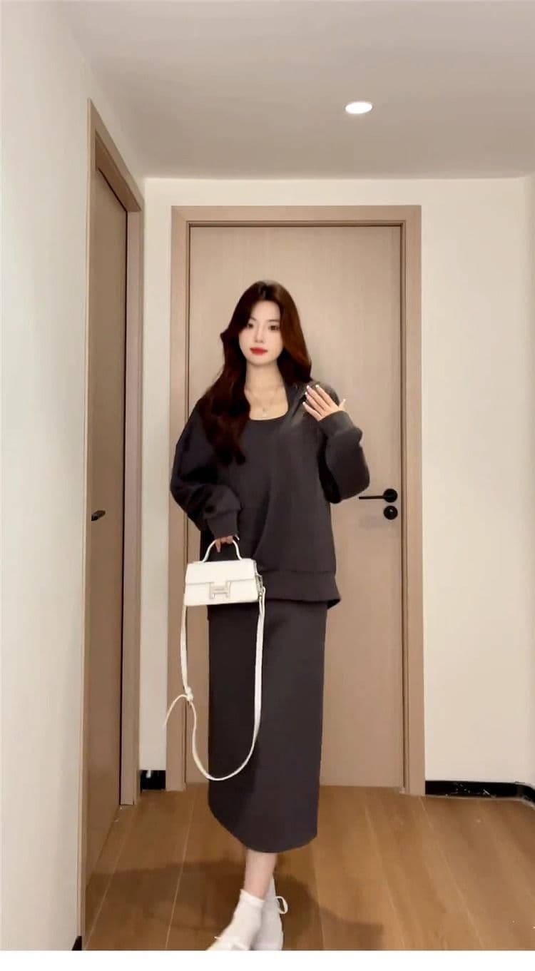 220 그램 사람들 면 빈 가스 층 참나무 늑골 하나 프랑스식 행침 목 드레스 분위기 센스 캐주얼 운동 후드티 롱 스커트 상세 이미지 7