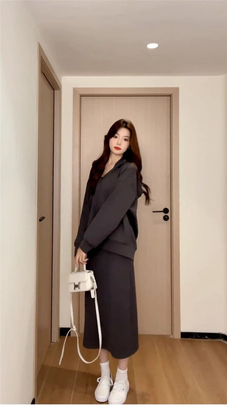 220 그램 사람들 면 빈 가스 층 참나무 늑골 하나 프랑스식 행침 목 드레스 분위기 센스 캐주얼 운동 후드티 롱 스커트 상세 이미지 9