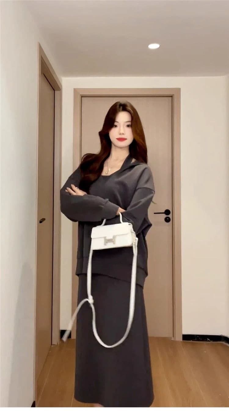 220 그램 사람들 면 빈 가스 층 참나무 늑골 하나 프랑스식 행침 목 드레스 분위기 센스 캐주얼 운동 후드티 롱 스커트 상세 이미지 10