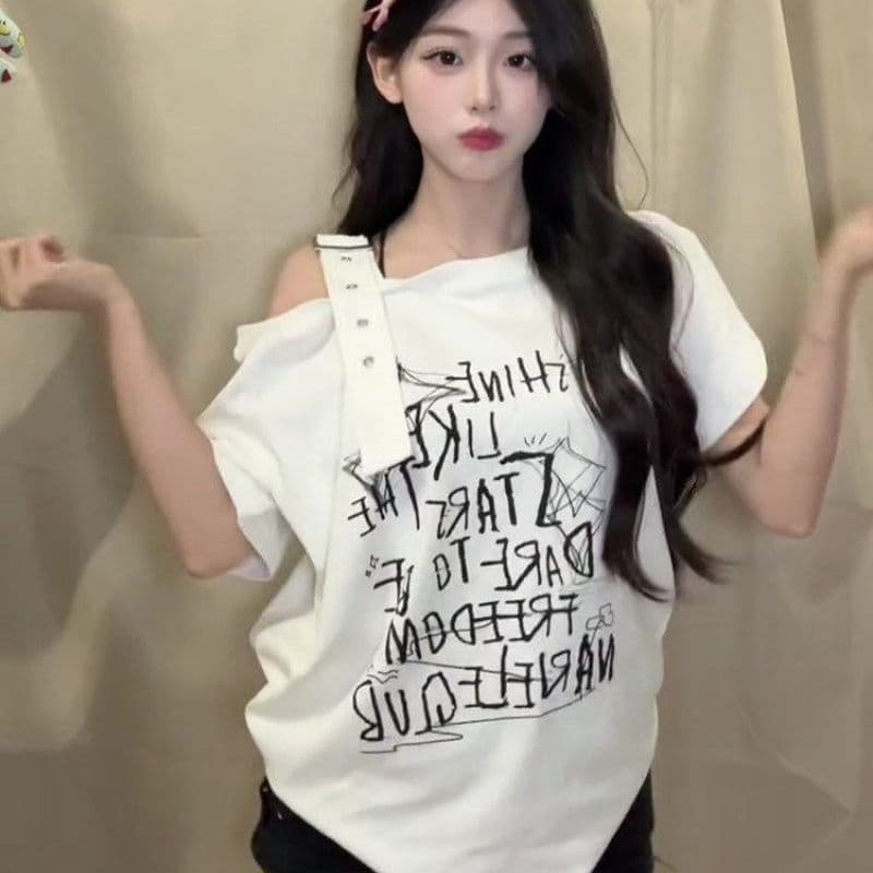 아메리칸 레트로 창의성 프린트 비스듬한 어깨 반팔 티셔츠 여성 여름 루즈핏 슬림해 보이는 느긋한 달콤한 차가운 오프숄더 이미지 3