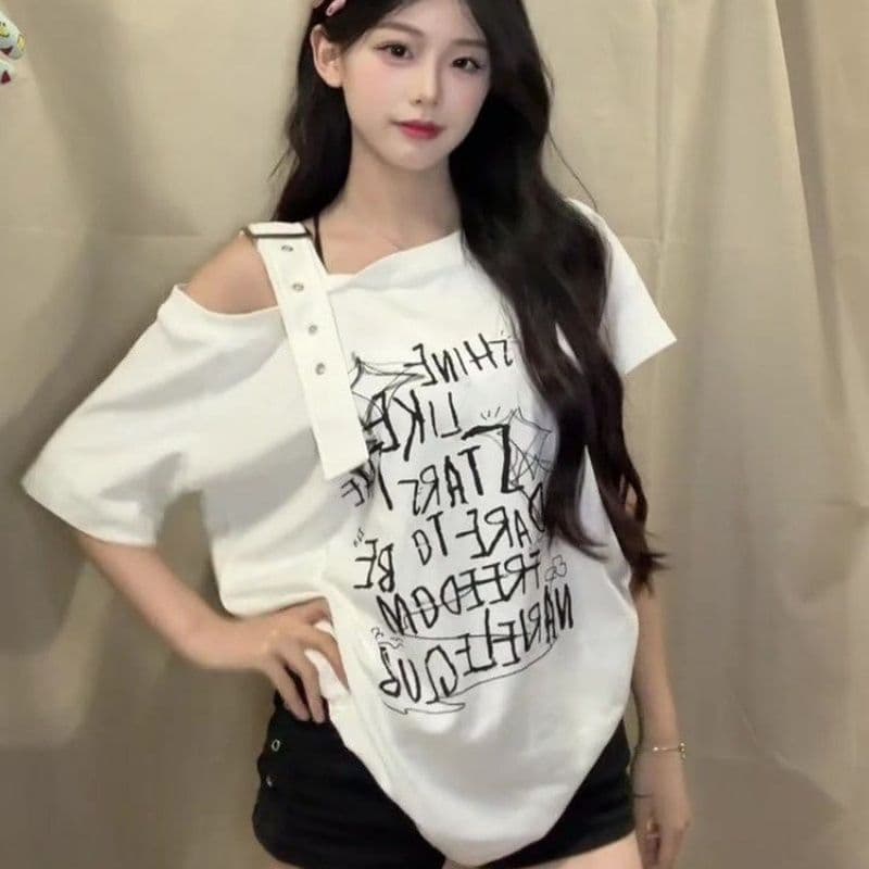 아메리칸 레트로 창의성 프린트 비스듬한 어깨 반팔 티셔츠 여성 여름 루즈핏 슬림해 보이는 느긋한 달콤한 차가운 오프숄더 이미지 2