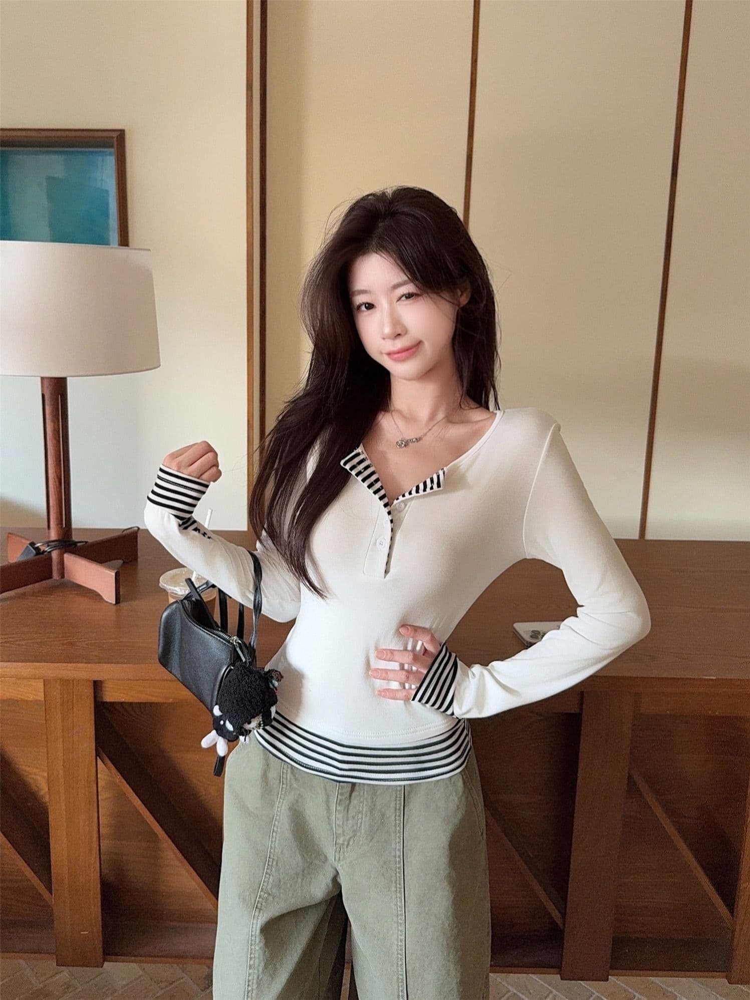 사람들 면 260 그램 원본 품질 디자인 센스 핫걸 스트라이프 패치워크 티셔츠 여성 의류 가을 패치워크 반 개방 칼라
