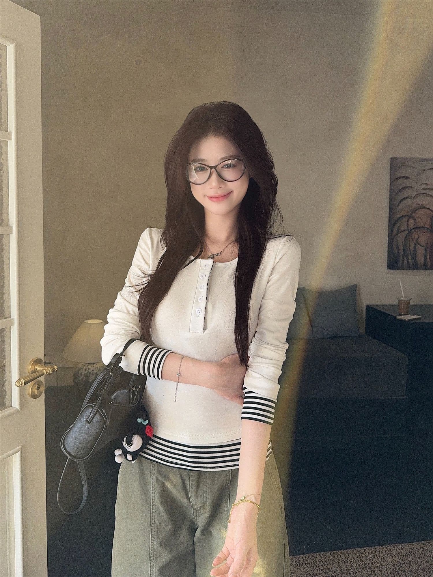 사람들 면 260 그램 원본 품질 디자인 센스 핫걸 스트라이프 패치워크 티셔츠 여성 의류 가을 패치워크 반 개방 칼라 상세 이미지 14