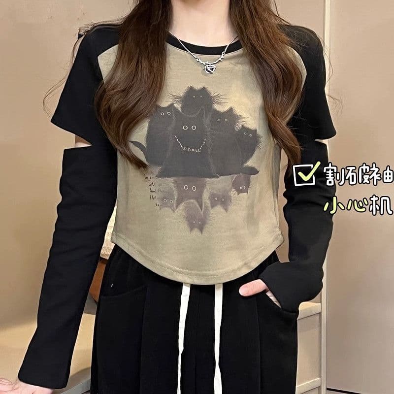 40 순면 리브 92 면 8 암모니아 Lun 디자인 센스 배색 삽입 어깨 자르다 긴팔 티셔츠 이미지 4