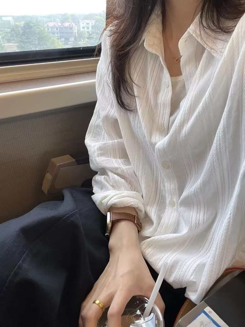 순면 세로 줄무늬 질감 센스 여성 셔츠 봄 여름 캐주얼 셔츠 긴팔 자외선 차단 맨위 재킷