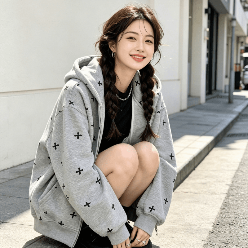아메리칸 조수 브랜드 남녀 회색 후드 티 스웨터 여성 가을 2026 새로운 루즈핏 느긋한 바람 작은 대중 카디건 코트 이미지 2
